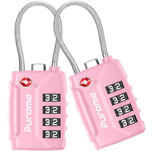 Puroma 2 Pack TSA Approved Luggage Locks 4 Digit Code Cable Lock Basic Pink - color: Basic Pink