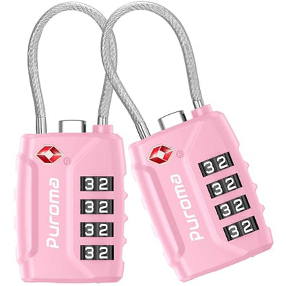 Puroma 2 Pack TSA Approved Luggage Locks 4 Digit Code Cable Lock Basic Pink - color: Basic Pink