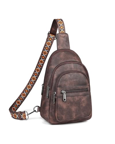 FADEON Sling Bag for Women, Designer Small Crossbody Bags, Adjustable Strap | Anti Theft Vegan Leather RFID Fanny Pack Tri-Zip Sling Backpack for Travel, Ideal for Shopping, Daily Commuting - color: Coffee Brown Retro Style