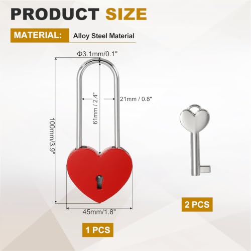 PATIKIL Mini Heart Lock w/Key 1.8x3.9 Heart Shaped Padlock Red - color: Red, size: 1.8"x3.9"