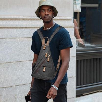 KL928 Canvas Sling Bag Small Crossbody Purse Casual Backpack for Men Women - color: Medium-black