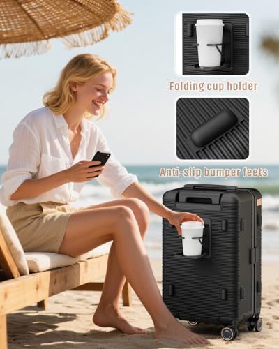 Joyway 22 Inch Carry On Luggage with Spinner Wheels and Cup Holder, Black - color: Black, size: 22 inch