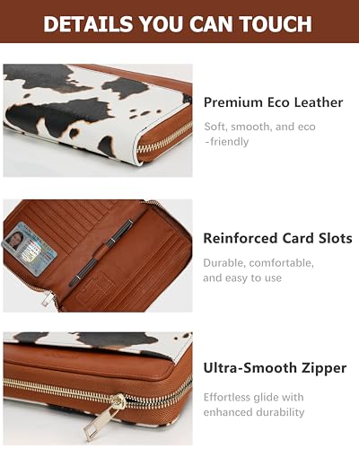 Large Wallet for Women, Clutch Wallet with Passport Holder - color: Brown Cow