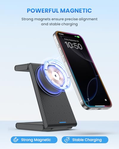 Wireless Charger Magnetic for Apple Devices - JoyGeek 3 in 1 Foldable Charging Station for Magsafe Compatible with iPhone 16 15 14 13 12 Pro Max Plus, Apple Watch 10 9 8 7 6 5 4 SE, AirPods 4/3/2/Pro - color: Dull Black