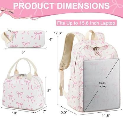 LEDAOU Backpack for Girls School Bag Kids Bookbag Teen Backpack Set Daypack with Lunch Bag and Pencil Case - color: A-bow Tie Beige