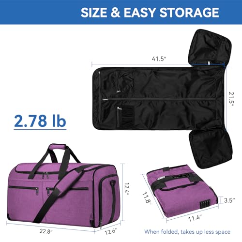 Bukere Carry on Garment Duffle Bag for Travel, Convertible Suit Bag with Backpack Shoulder Straps, Shoe Compartment, Waterproof 3 in 1 Weekender Suit Bag for Men Women - color: Backpack Purple