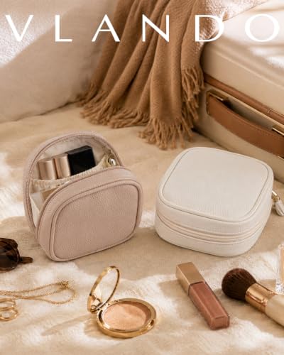 VLANDO Mini Makeup Bag,Water-Resistant Cosmetic Pouch with Pockets,Beige - color: Mini-Lychee Beige