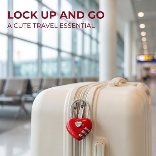 3Pcs Red Mini Love Heart Lock, Heart Padlock, Mini Code Lock,Padlocks and Hasps,Bags/Suitcase/Lockers/Backpacks/Jewelry Boxes Wire Rope 3-Digit Code Combination Padlock for Travel
