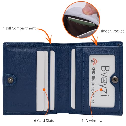 Bveyzi Ultra Slim Small RFID Wallet for Women, Leather Tiny Thin Bifold Pocket Ladies Wallet - color: Navy Blue