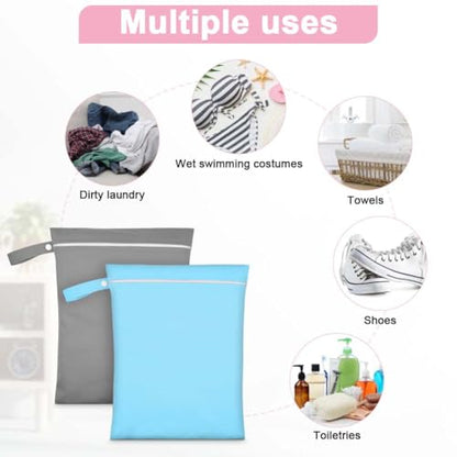 2PCS Wet Bags, Waterproof Reusable Cloth Diaper Bags, Grey + Blue - color: Grey & Blue - 2 Pieces - 30 x 40 cm