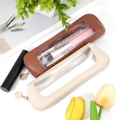 Kifmurase 2Pcs Clear Makeup Brush Bag,Leather Slim Makeup Case,White,Brown - color: Brown, White