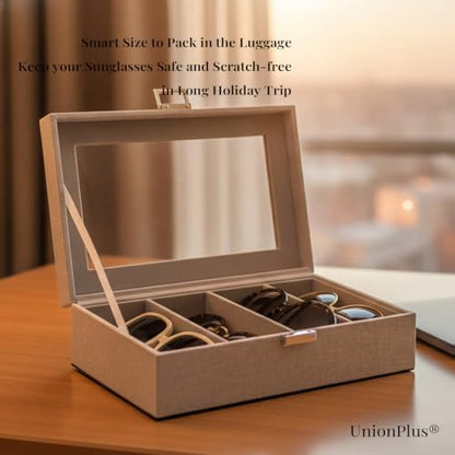 UnionPlus Vegan Leather Multi-Slots Sunglasses Eyeglasses Organizer - color: Beige, size: 4-Slots