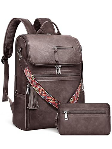 SYTRAH Leather Laptop Backpack for Women 16.5 inch Computer Packs Coffee - color: Dark Coffee