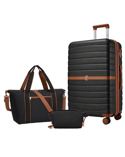 Kono Luggage Sets 3 Piece, Expandable 28 Inch Luggage with Spinner Wheels, Lightweight & Anti-Scratch PC+ABS Hardshell Travel Rolling Suitcase Large Checked Luggage with Tote Bag, Black/Brown - color: Black/Brown, size: 3 Piece Set (28/Db/Tb)