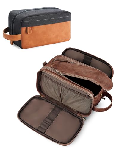 Elviros Toiletry Bag for Men, PU Leather Travel Dopp Kit, 2 Pack Gift Set - color: Dark Brown, size: 2 Piece
