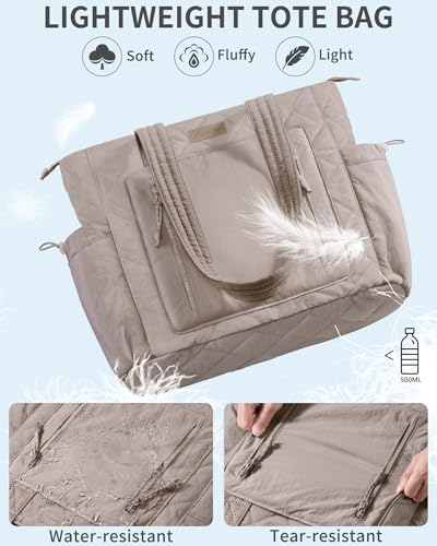 Bagstellar Puffer Tote Bag for Women, Lightweight Puffy Work Laptop Handbag - color: Oatmeal