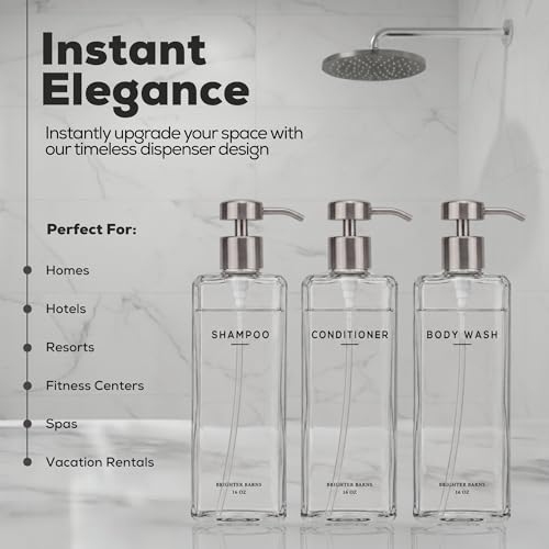 Clear Shampoo and Conditioner Dispenser Set by Brighter Barns - 16oz Shampoo Dispenser for Shower - Refillable Shower Soap Bottle in Minimalist Bathroom, Hotel, Guest House, Spa, Gifts (Clear/Silver) - color: Clear/Silver