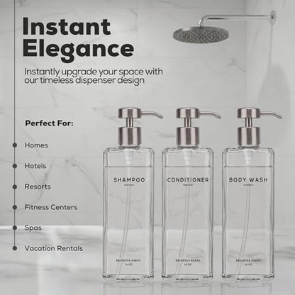Clear Shampoo and Conditioner Dispenser Set by Brighter Barns - 16oz Shampoo Dispenser for Shower - Refillable Shower Soap Bottle in Minimalist Bathroom, Hotel, Guest House, Spa, Gifts (Clear/Silver) - color: Clear/Silver
