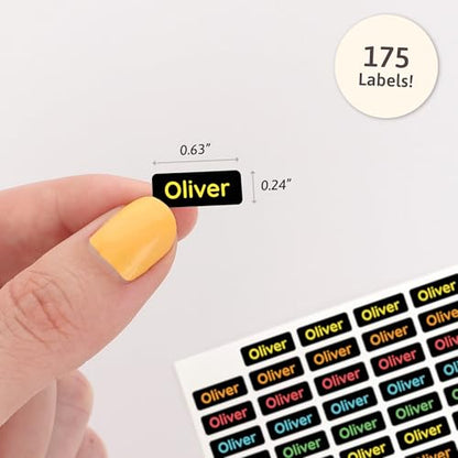 Mini Name Labels (175) - Custom Personalized Labels for Clothes & Tiny Items – Waterproof, Washer and Dryer-Safe – Daycare, Preschool and School - Neon - color: Neon