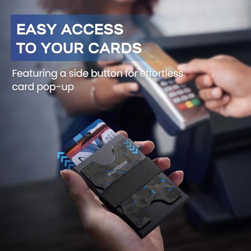 RUNBOX Slim Wallet for Men, RFID Aluminum Pop-Up Card Holder for 12 Cards - color: Black-Blue Speckles