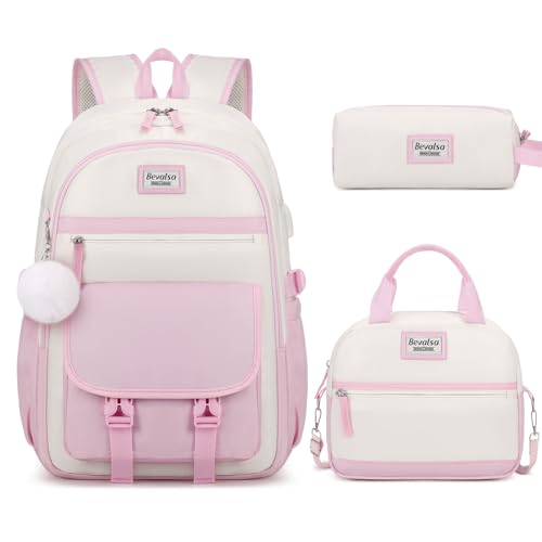 Bevalsa Backpack for Girls, 3PCS School Backpacks with Lunch Box | Pencil Pouch for Teens Girl Kids Elementary Middle High School College Student Bookbag Daypack - color: Beige Pink, size: 17.3 inch