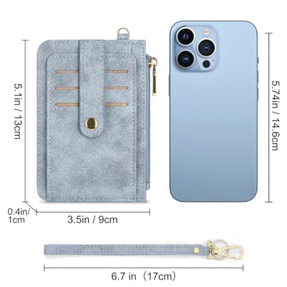 SENDEFN Slim Credit Card Holder RFID Blocking Leather Keychain Wallet for Women with Zipper Pocket - color: 1-Blue