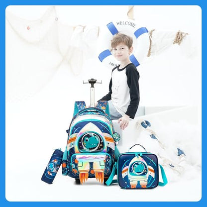 Meetbelify Kids Rolling Backpack with Wheels for Boys Elementary Students Kids Travel Luggage Carry on School Backpack for Boys Ages 6-8 - color: 02 Blue