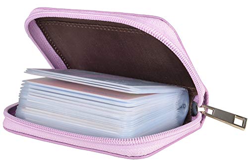 Easyoulife Genuine Leather Credit Card Holder Zipper Wallet With 26 Card Slots - color: Light Purple, size: small