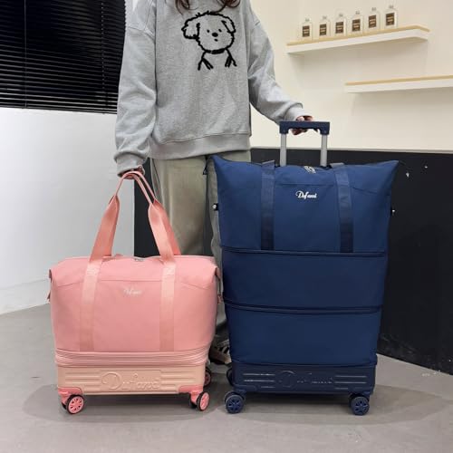 Rolling Duffle Bag with Wheels and Handle, Expandable Foldable Carry On Luggage with Removable Wheels, Personal Item Travel Bag, Lightweight Duffel Tote for Gym Hospital Weekender (Blush Pink) - color: Blush Pink