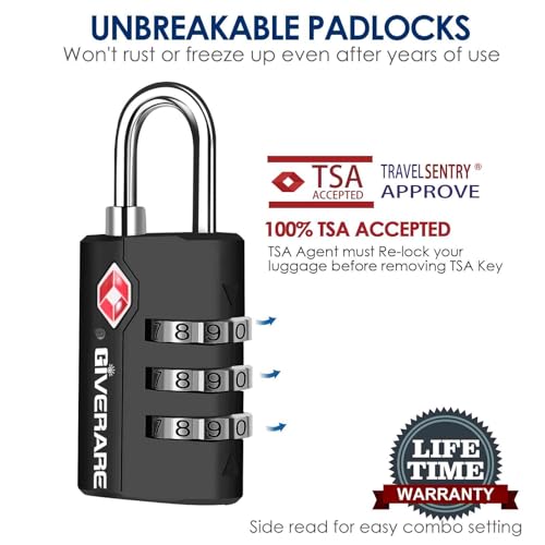 2 Pack TSA Approved Travel Luggage Locks, Suitcase Combination Lock, Keyless 3-Digit Zipper Padlocks, TSA Accepted Compatible Padlock for Gym Locker, Golf Bag Case, Backpack-Black