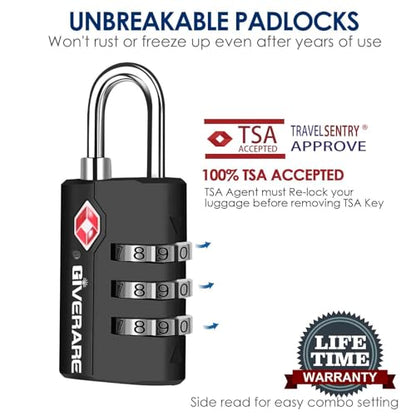 2 Pack TSA Approved Travel Luggage Locks, Suitcase Combination Lock, Keyless 3-Digit Zipper Padlocks, TSA Accepted Compatible Padlock for Gym Locker, Golf Bag Case, Backpack-Black