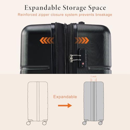 Sweetcrispy 3 Piece Luggage Set, Expandable Suitcase with Spinner Wheels - color: Black, size: 3-Piece Set (20/24/28 Inch)