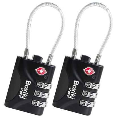 TSA Approved Cable Luggage Locks 2 Pack, 3-Dial Combination Travel Lock Set with Flexible Steel Cable for Suitcases, Backpacks, Carry On Bags, Duffels, Zippers & Cabin Baggage, Small Keyless Padlocks