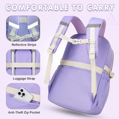 GeeWin Girls Backpack for School Cute Bow with Lunch Box & Pencil Case Set - color: Purple Beige