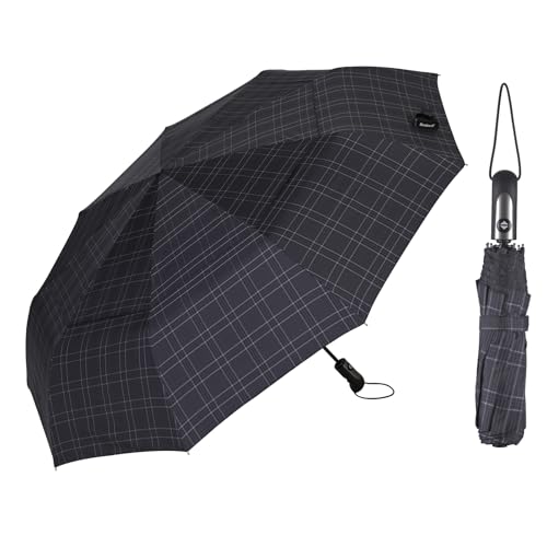 54 inch Large Compact Travel Umbrella 3 Folding Umbrellas for Rain Oversized Auto Open Close Foldable Vented Double Windproof Telescopic 9 Ribs Sturdy Large Size - color: Checked(293)