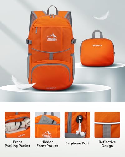 WATERFLY Small Lightweight Packable Hiking Backpack Foldable Travel Daypack - color: G-orange, size: 25L