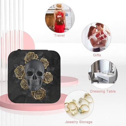 Gothic Skull with Roses Small Travel Jewelry Case with Mirror