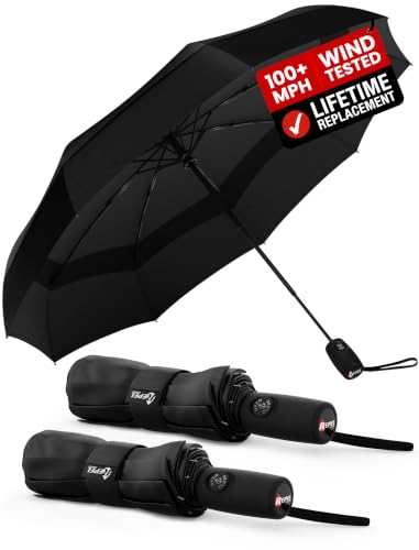 Windproof Travel Umbrella - Compact & Withstands Winds up to 100MPH, Strongest Premium Auto Folding Umbrella for Rain and Sun - Durable, Light & Portable for Women & Men, Fits Backpack & Cars - color: Black 2-Pack