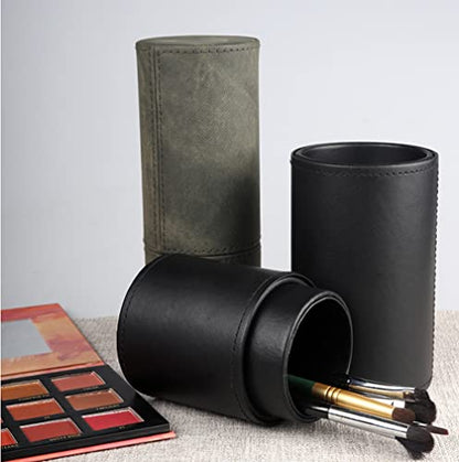 PU Leather Makeup Brush Holder Travel Makeup Brushes Case Makeup Brush Case Organizer Cosmetic Cup Cylinder Makeup Brush Storage Box with Button for Women (Black)