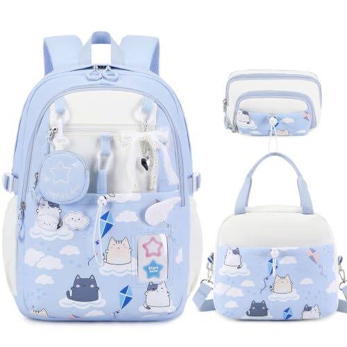 DIGOBAY Backpack for Girls, 5PCS School Bookbag with Lunch Box Pencil Case - color: Blue Cat