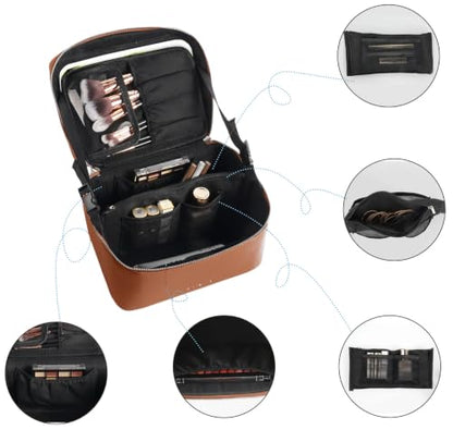 Travel/Daily Makeup Bag/Cosmetic Case with Detachable LED Mirror - color: Caramel Brown