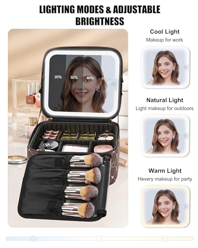 Relavel Travel Makeup Bag With LED Mirror, Brown Bowknot - color: 03-Brown Bowknot, size: 1-Small