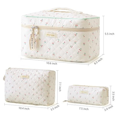 HBselect Quilted Makeup Bag, 3Pcs Cotton Large Travel Makeup Bags Organizer - color: A-3PCS-Cherry