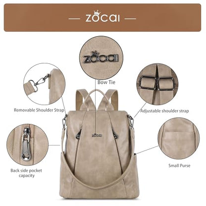 ZOCAI Backpack Purse for Women Medium Anti-Theft Backpacks Purses Design Leather Shoulder Bags with Removable Strap - color: Apricot