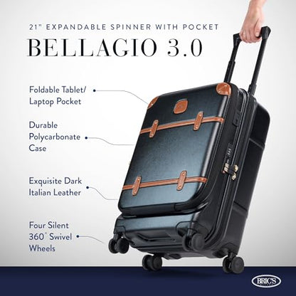 Bric's Bellagio 3.0 Spinner Trunk - Airline Approved Luxury Hardshell Carry On Luggage with Large Wheels, Telescopic Handle, Leather Detailing - Expandable Rolling Suitcase - 21" With Pocket, Black - color: Black, size: Carry-on with front pocket
