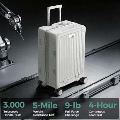 Carry on Luggage Aluminium Frame with Cup Holder,Top opening Suitcases and USB Charging Port,Lightweight with Front Pocket Rolling Suitcases with Spinner Wheels (Beige, 20Inch)