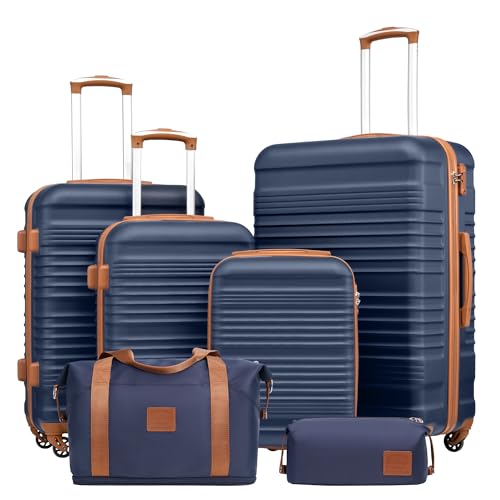 Coolife Luggage 6 Piece Set, Hardside Suitcases with Spinners, 16/20/24/28 - color: Navy, size: 6 piece set