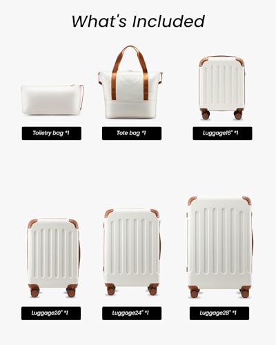 YOETEY Luggage Sets 6 Piece, Hardside Suitcase with Wheels, TSA Approved,Tote Bag, White Brown - color: White Brown, size: 6-Piece Set