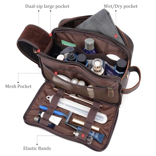 Polare Toiletry Bag Full Grain Leather Shaving Kit Dopp Kit Travel Case Wash Bag with YKK Zippers - color: A-Dark Brown