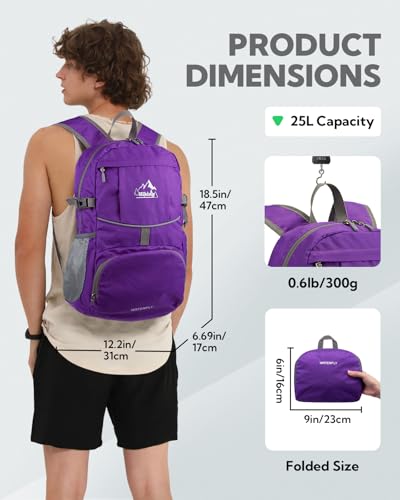 WATERFLY Small Lightweight Packable Hiking Backpack Foldable Travel Daypack - color: D-purple, size: 25L